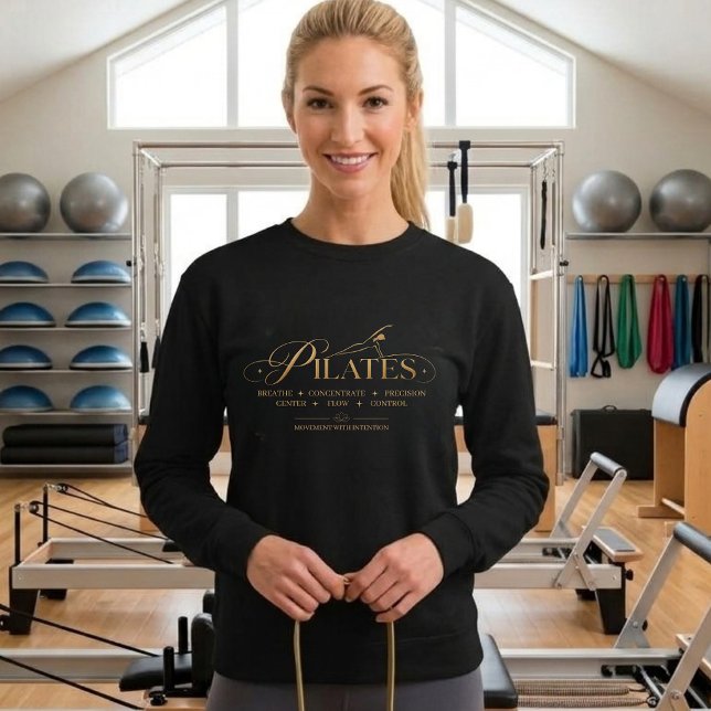 Moletom Pilates de Luxo | Os Princípios Básicos Gold (Luxury Pilates The Core Principles Sweatshirt Black with Gold Graphic)