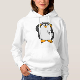 Moletom Pinguim e telefone celular com fone de ouvido