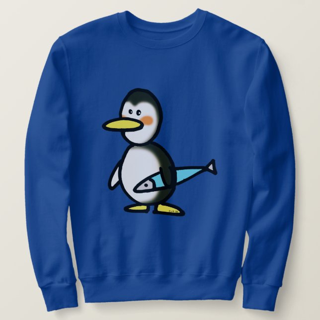 Moletom Pinguim Fofo Segurando um Peixe Azul (Frente do Design)