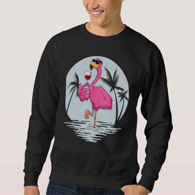 Moletom Pink Flamingo Bird With Glass Of Wine Summer Vacat (Frente)