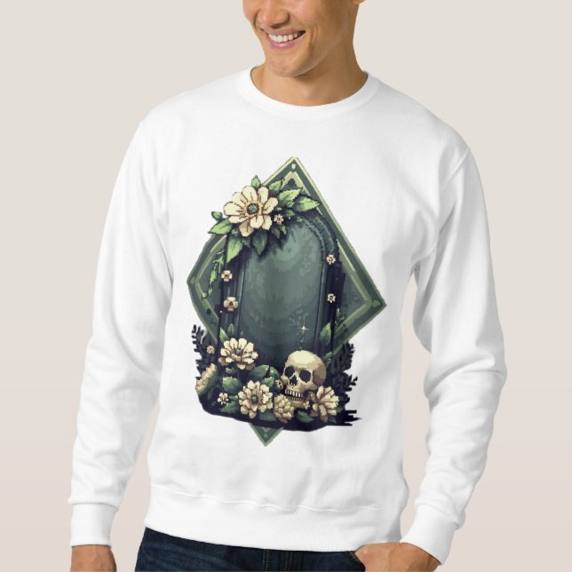 Moletom Pixel Art Grave com Floral e Crânio (Frente)
