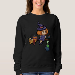 Moletom Pixel Art Halloween Witold em Broomstick com Cat