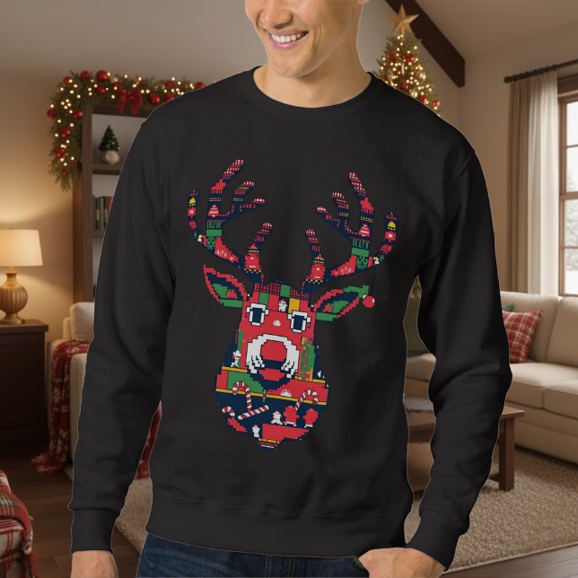 Moletom Pixel Reindeer Ugly Sweater Christmas Sweatshirt (Criador carregado)
