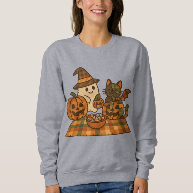 Moletom Plaid Ghost and Cat Halloween Sweatshirt | Cute  (Frente)