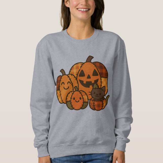 Moletom Plaid Pumpkin Patch with Cat Sweatshirt | Cute  (Frente)