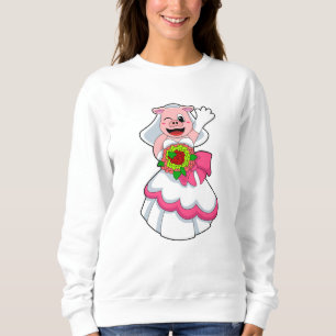 Moletom Porco com vestido de noiva e buquê de flores