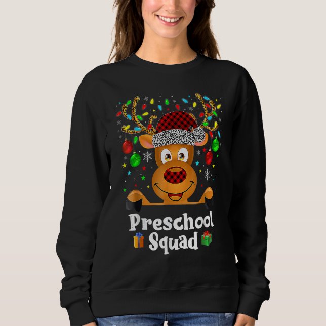 Moletom Preschool Squad Teacher Plaid Reindeer Hat Santa C (Frente)