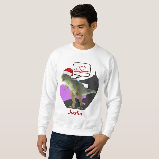 Moletom presente de natal de dinossauro, nome personalizad (Frente Completa)