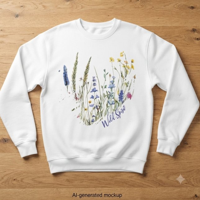 Moletom Presente Estético Floral Espírito Selvagem – Para  (Watercolor wild grasses and wildflowers with purple "Wild Spirit" text, an earthy and bohemian gift )