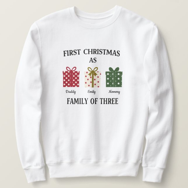 Moletom Primeiro Natal como Família de Três Presentes (Frente do Design)