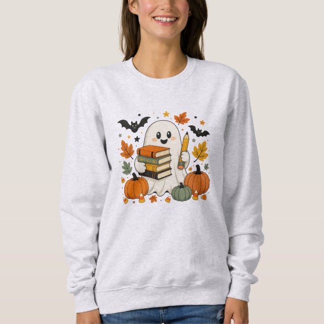 Moletom Professor Fantasma de Halloween Fofo Outono Escola (Frente)