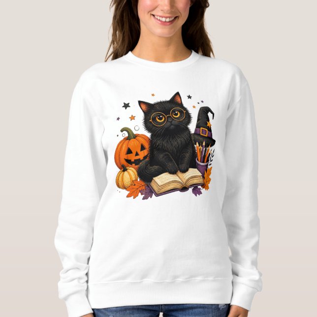 Moletom Professora Bruxa Gato Preto Abóbora de Halloween  (Frente)