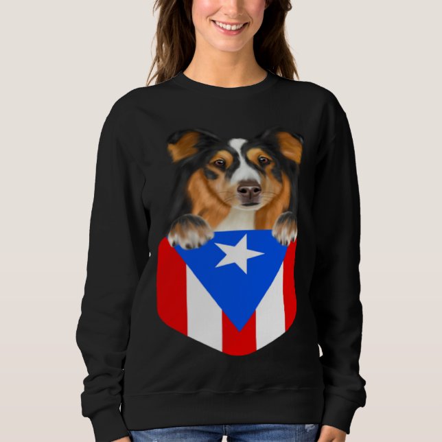 Moletom Puerto Rico Flag Shetland Sheepdog Dog In Pocket (Frente)
