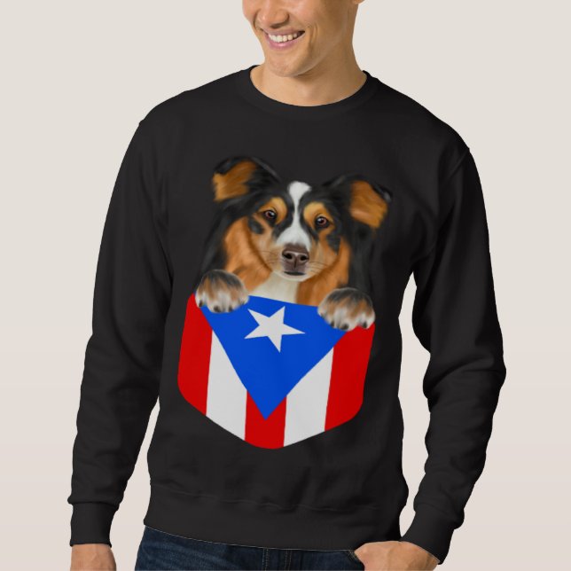 Moletom Puerto Rico Flag Shetland Sheepdog Dog In Pocket (Frente)
