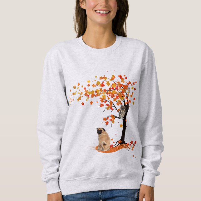 Moletom Pug Owl E Fall Tree Pug Proprietário Funny Pug Aut (Frente)
