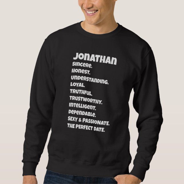 Moletom Qualidades de data perfeita de Jonathan  Dito sarc (Frente)