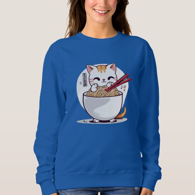 Moletom Ramen Cat Comendo Noodles Design T Shirt (Frente)