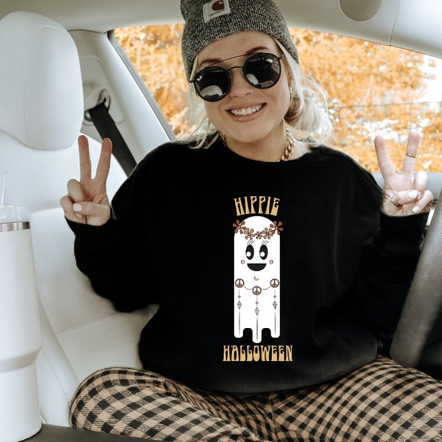 Moletom Refletor Hippie Halloween Ghost Sweatshirt (Hippie Halloween Black Sweatshirt by Awakening Graphics featuring a cute ghost with a flower crown.)