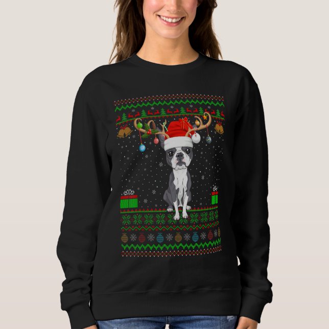 Moletom Reindeer Santa Hat Matando Feia Boston Terrier Ch (Frente)