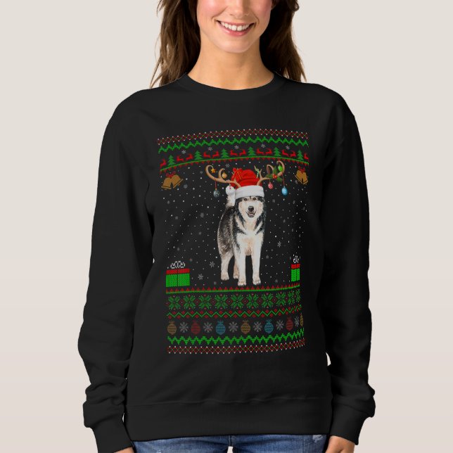 Moletom Reindeer Santa Hat Matching Ugly Alaskan Malamute (Frente)