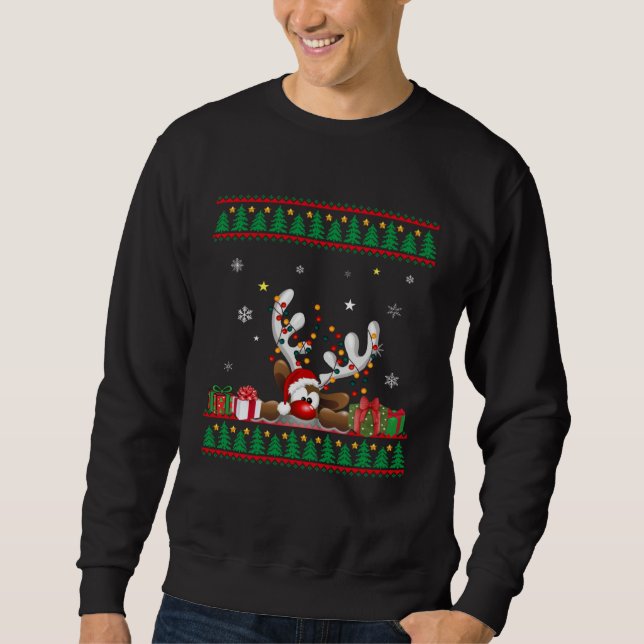 Moletom Reindeer Santa Hat Ugly Christmas Sweater (Frente)