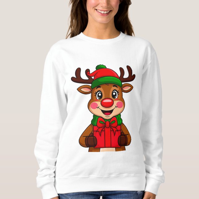 Moletom Rena de Natal Fofa Segurando um Presente (Frente)