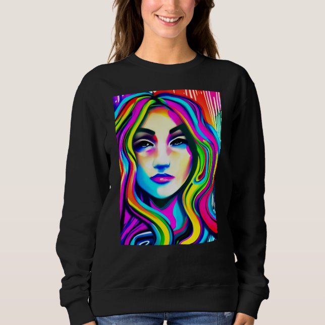 Moletom Retrato Retro de uma Mulher com Cabelo Arco-íris (Frente)
