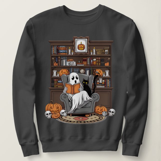Moletom Retro Ghost Reading Books ibrarian Ghost Halloween (Frente do Design)