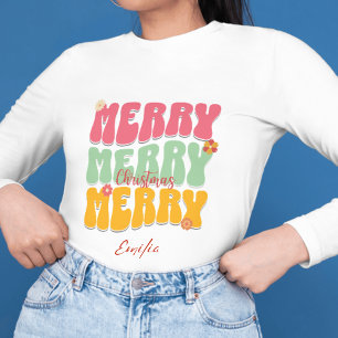 Moletom Retro Groovy Pink Feliz de Natal Feliz Nome Boho d