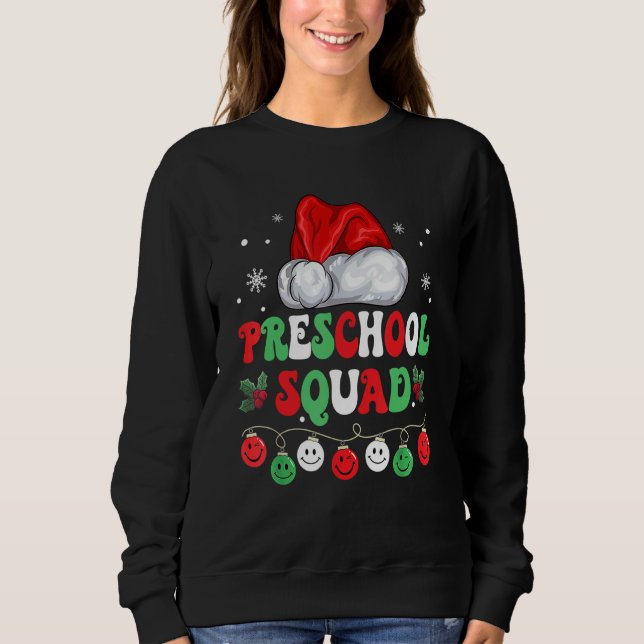 Moletom Retro Groovy Preschool Squad  Christmas Teacher Li (Frente)
