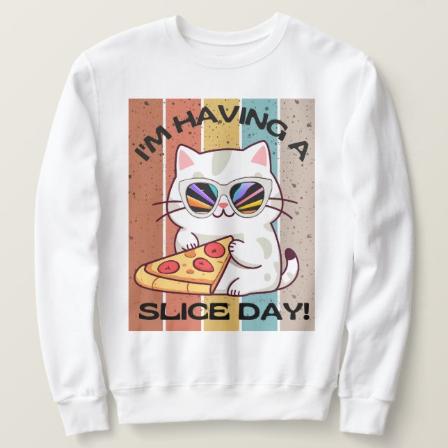 Moletom Retro Kawaii gato giro comendo pizza (Frente do Design)