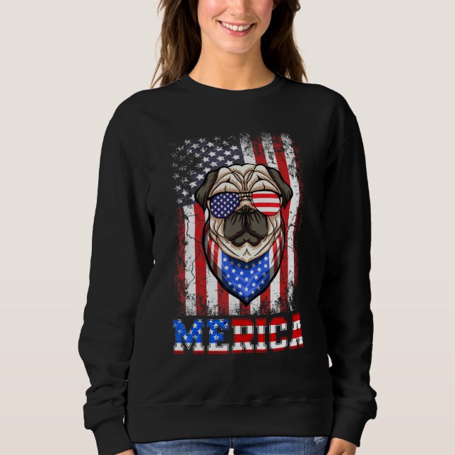 Moletom Retro Pug Merica 4º De Julho US Flag Sunglass Pa (Frente)