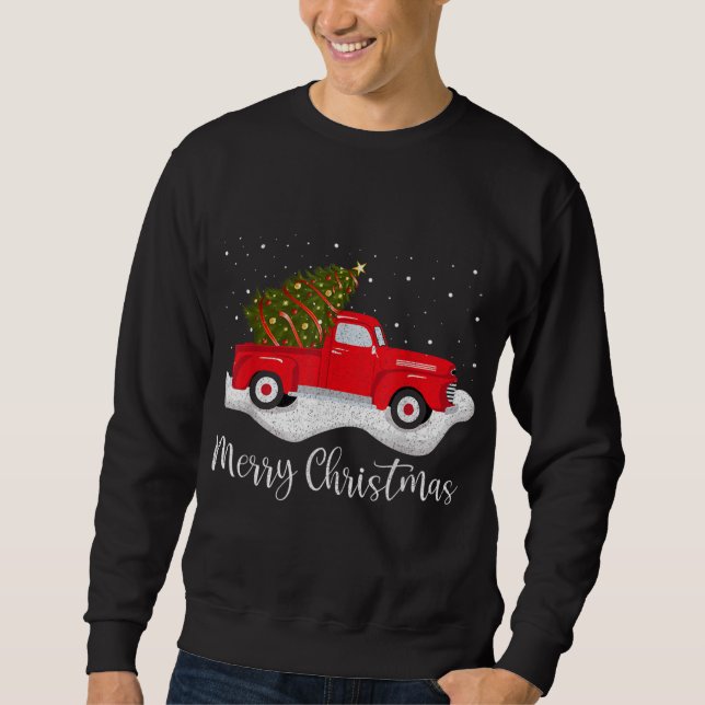 Moletom Retro Wagon Merry Christmas Tree on Car Xmas red T (Frente)