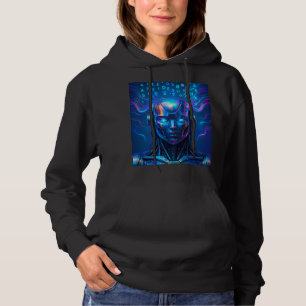 Moletom robô futurista, IA cyberpunk, olhos azuis brilhant