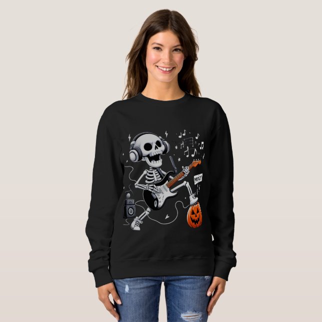Moletom Rocking Skeleton Halloween Guitar Music Lover Tee (Frente Completa)