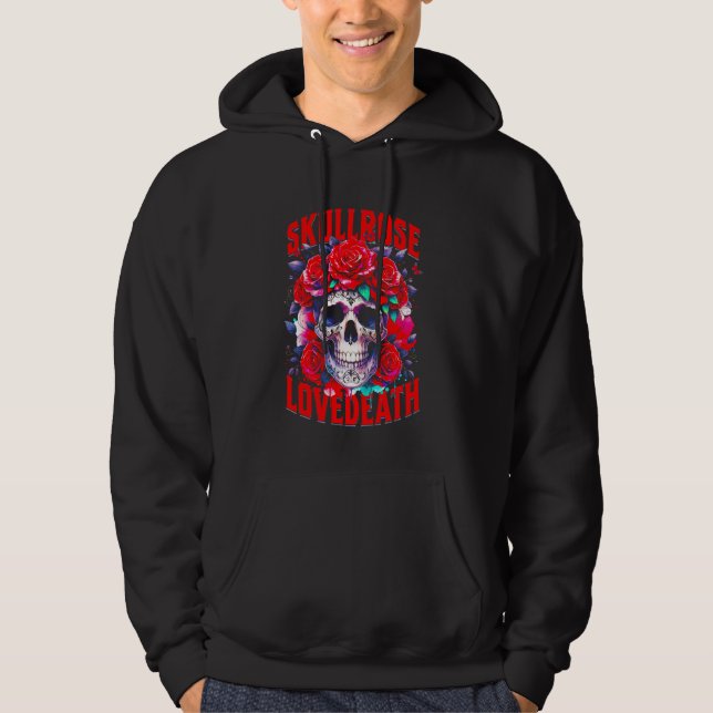 Moletom Rosa do crânio Adoro Rosa de morte Skeleton Red Fl (Frente)