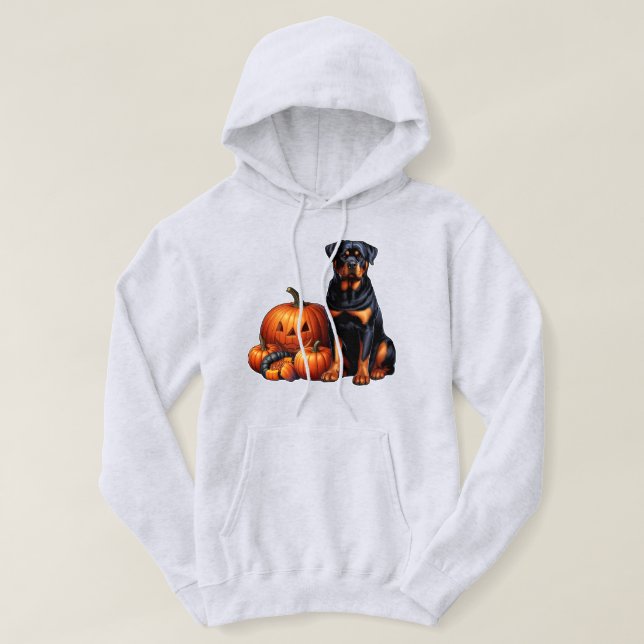 Moletom Rottweiler Cachorro sentado no Halloween Pumpkins (Frente do Design)