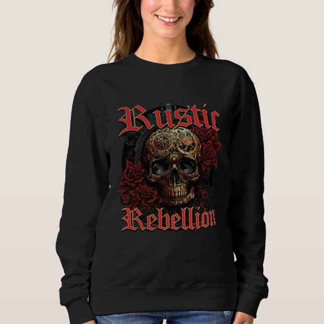 Moletom Rustic Rebellion Steampunk Goth Skull Red Rosed Gr (Frente)