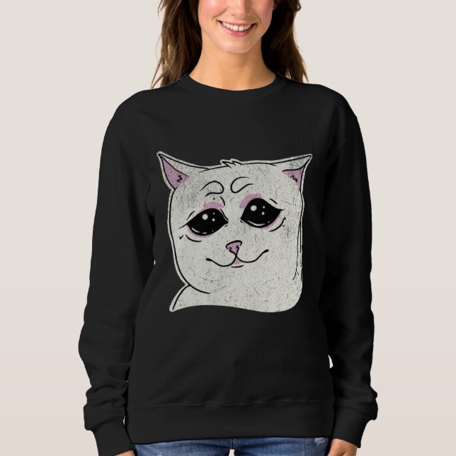 Moletom Sad White Cat Meme  Sarcastic Kitty Animal  Retro (Frente)