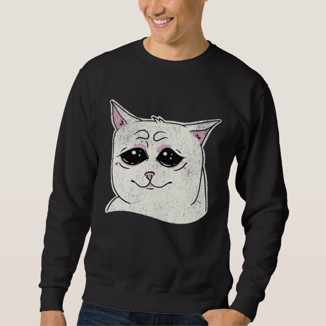 Moletom Sad White Cat Meme  Sarcastic Kitty Animal  Retro (Frente)