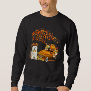 Moletom Samoyed Usando Chapéu Outono Árvore Caminhonete Ca