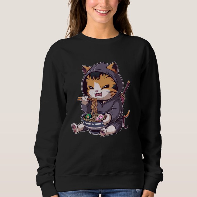 Moletom Samurai Cat Eating Ramen Kawaii Ninja Japanese Ani (Frente)