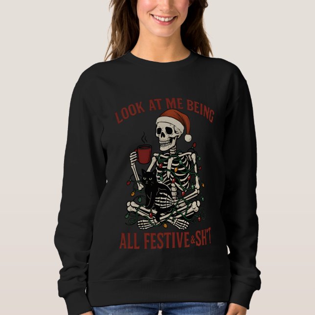 Moletom Santa Skeleton with Cat Holiday Snark (Frente)