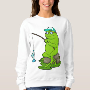 Moletom Sapo como pescador com cana de pesca e peixe