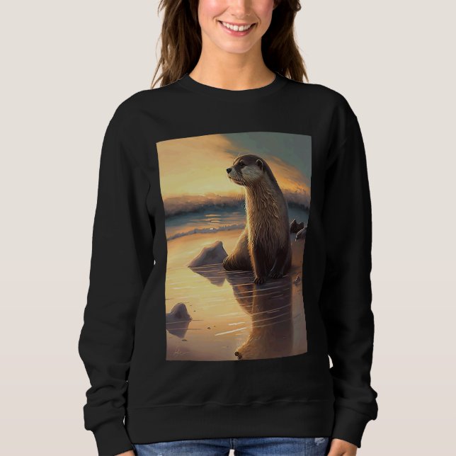 Moletom Sea Otter  Retro Sunset Cute Otter  3 (Frente)