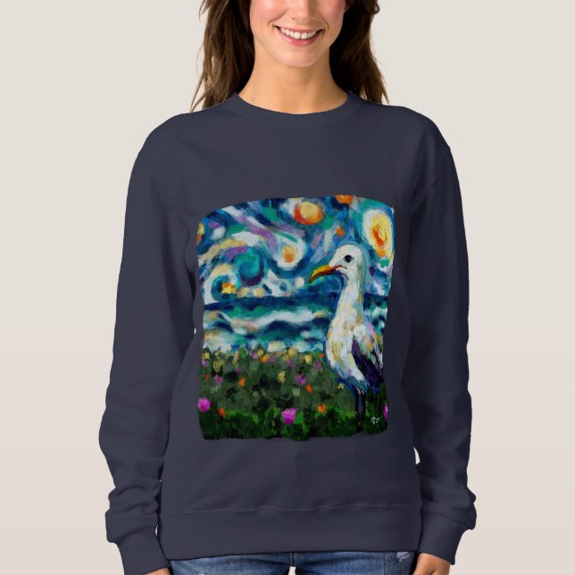 Moletom Seagull Van Gogh Style Beach Sky Blue Teal (Frente)