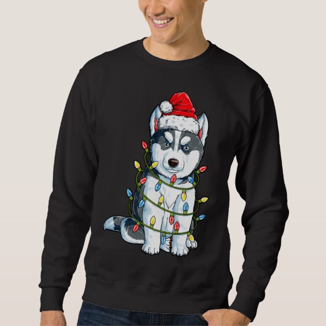 Moletom Siberian Husky Papais noeis Árvore de Natal Luzes  (Frente)