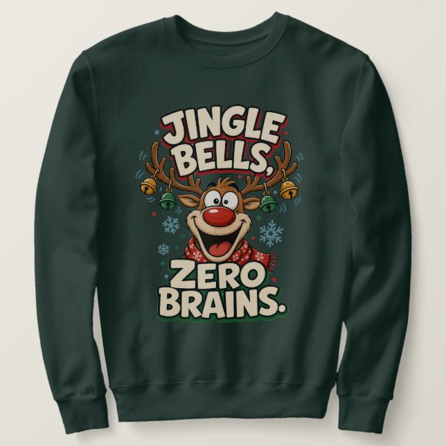 Moletom Sinos de Natal, Zero Miolos, Renas Engraçadas de N (Frente do Design)