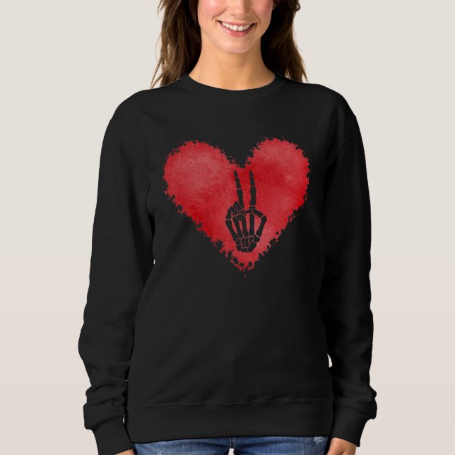 Moletom Skeleton Hand Peace Sign Red Heart Valentines Day  (Frente)