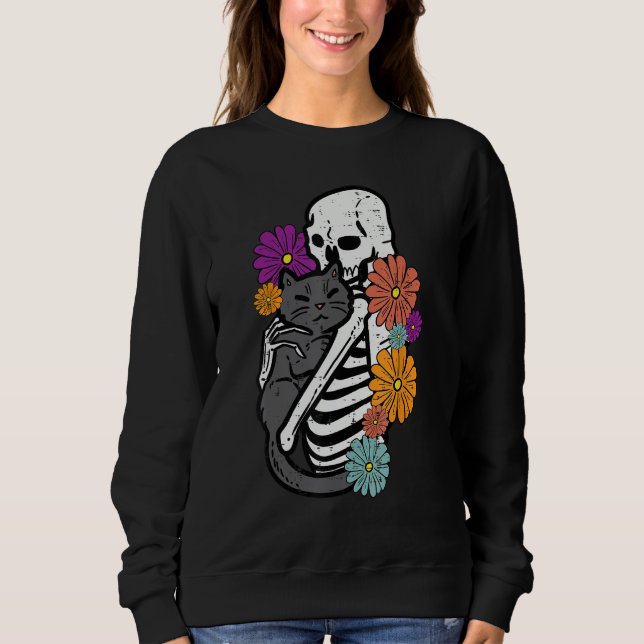 Moletom Skeleton Hugging Black Cat Flowers Halloween Women (Frente)